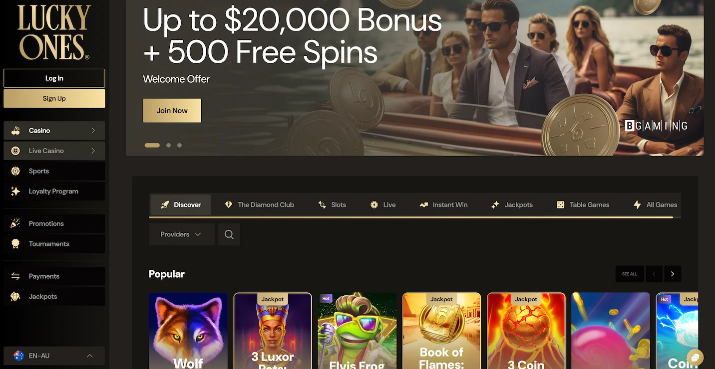 Lucky Ones casino homepage showing welcome bonus offer, selection of popular online pokies and site main navigation