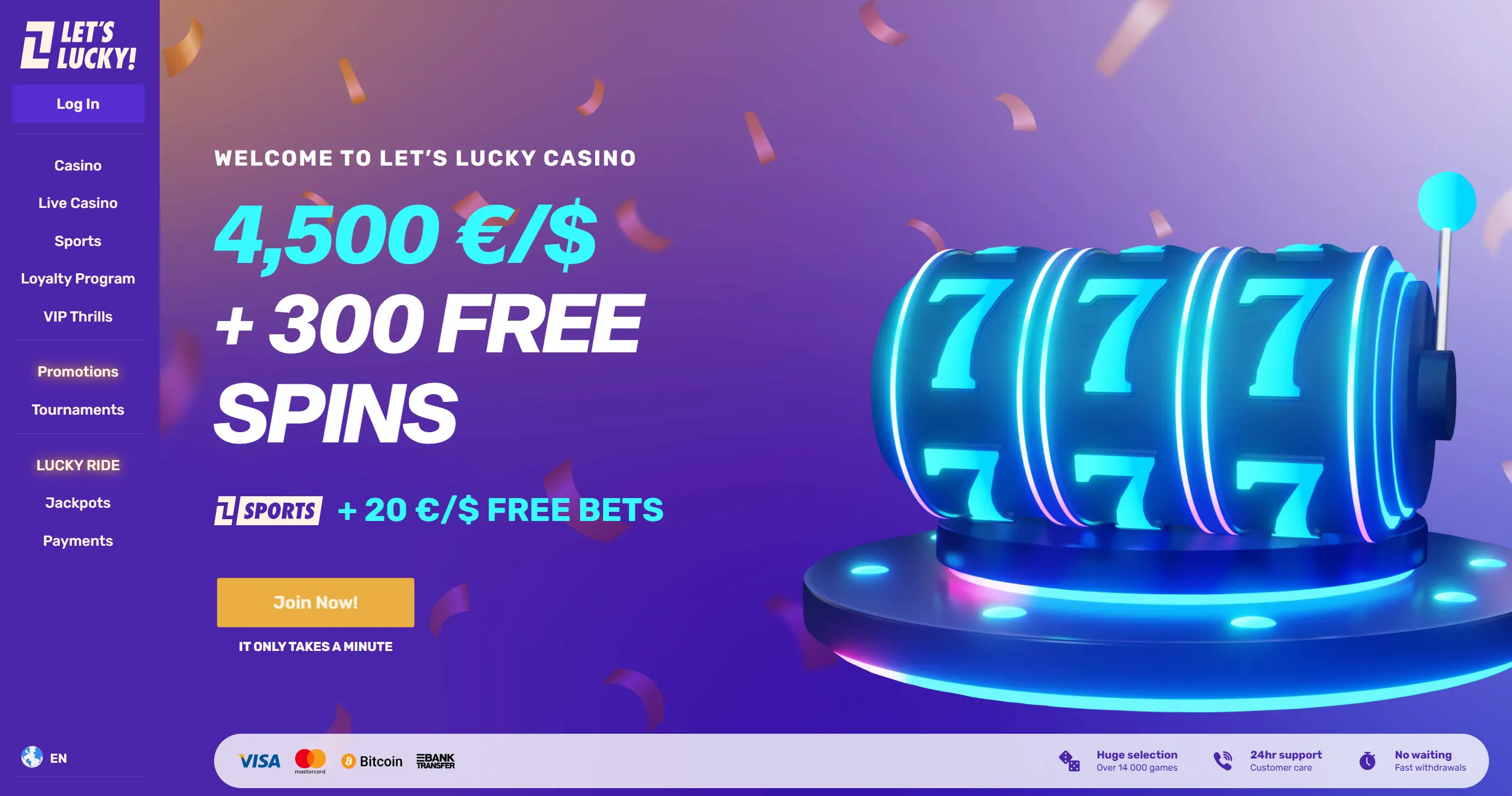 Let's Lucky casino homepage showing welcome offer and site main navigation