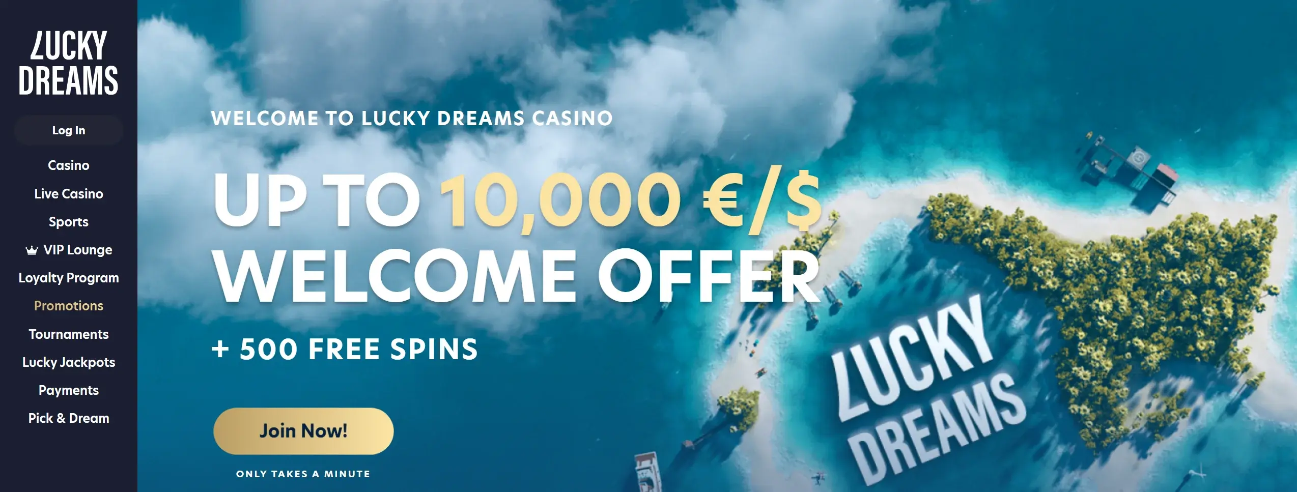 Lucky Dreams casino homepage showing welcome offer and site main navigation