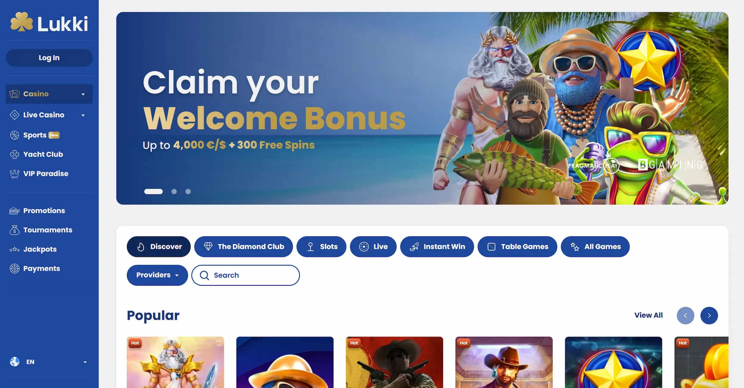 Lukki casino homepage showing welcome bonus offer, popular online pokies and site main navigation