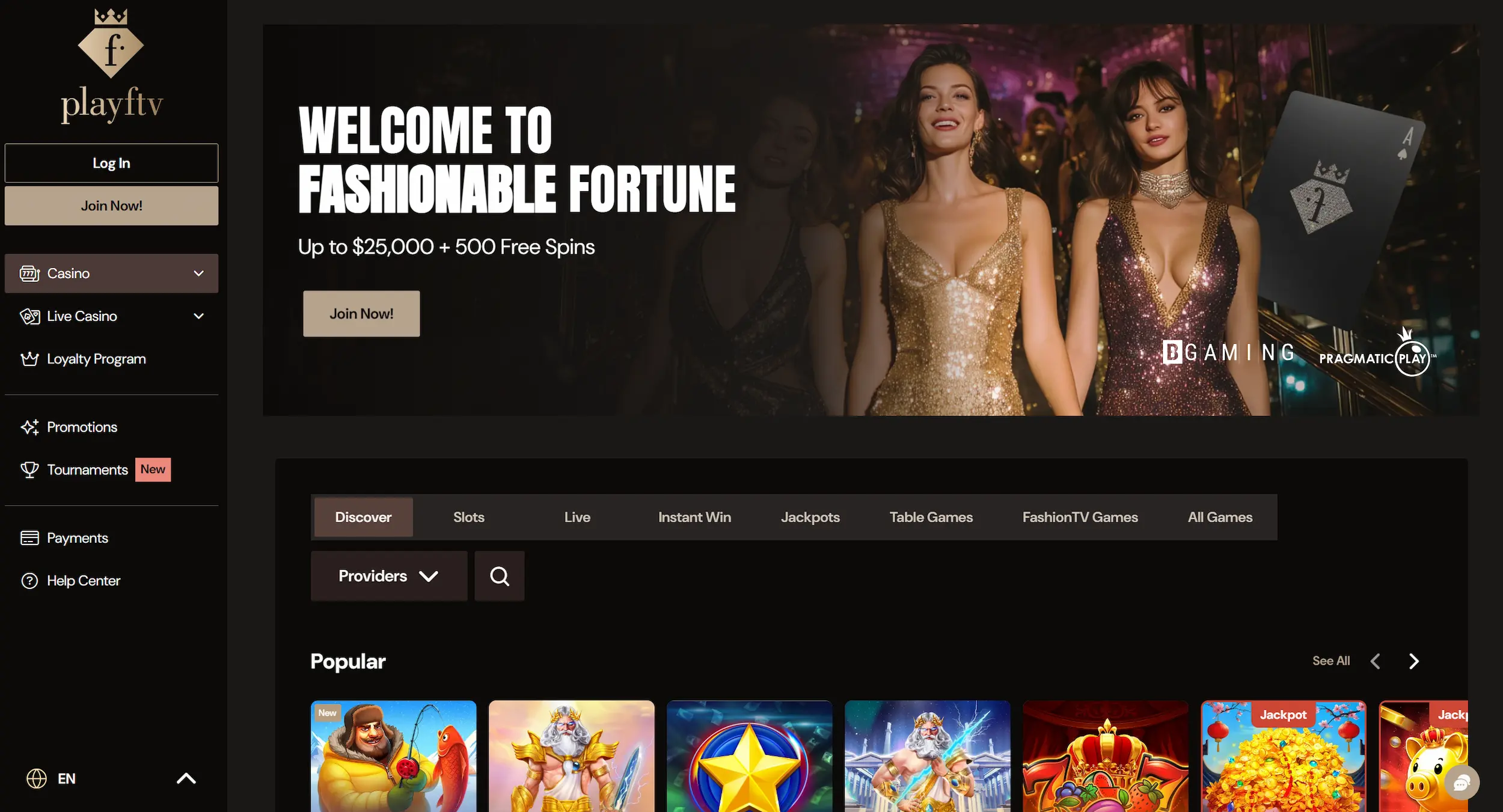 PlayFTV casino homepage showing welcome offer, popular online pokies and site main navigation